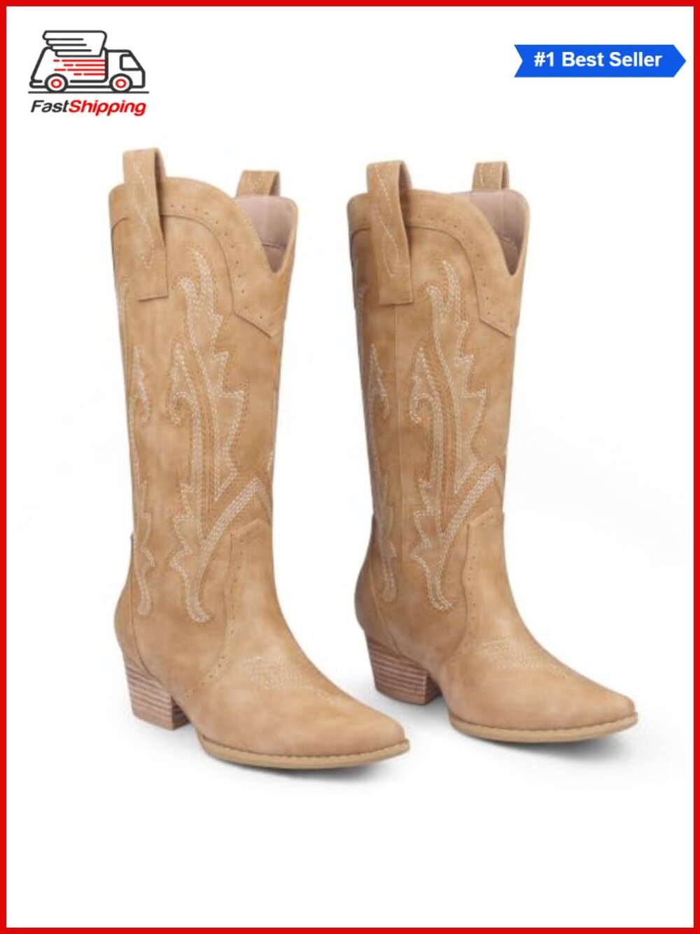 ✨ Faux Leather Mid Calf Western Cowboy Boots for Women Pointed Toe Embroidered